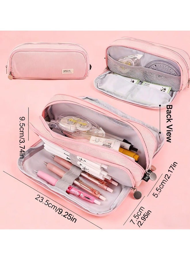 حالة قلم رصاص كبيرة السعة ، 3 مقصورات حقيبة قلم رصاص قماش مع سحاب ، حقيبة قلم رصاص جمالية حقيبة قلم رصاص لمكتب المدرسة طلاب الفتيات المراهقات الأولاد (الوردي) - Image 2