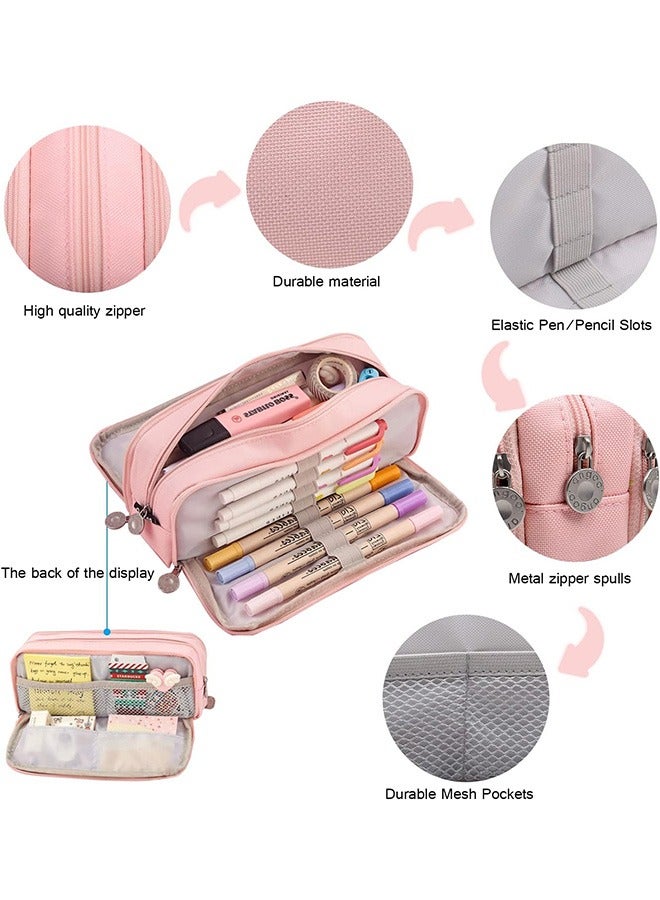 حالة قلم رصاص كبيرة السعة ، 3 مقصورات حقيبة قلم رصاص قماش مع سحاب ، حقيبة قلم رصاص جمالية حقيبة قلم رصاص لمكتب المدرسة طلاب الفتيات المراهقات الأولاد (الوردي) - Image 3
