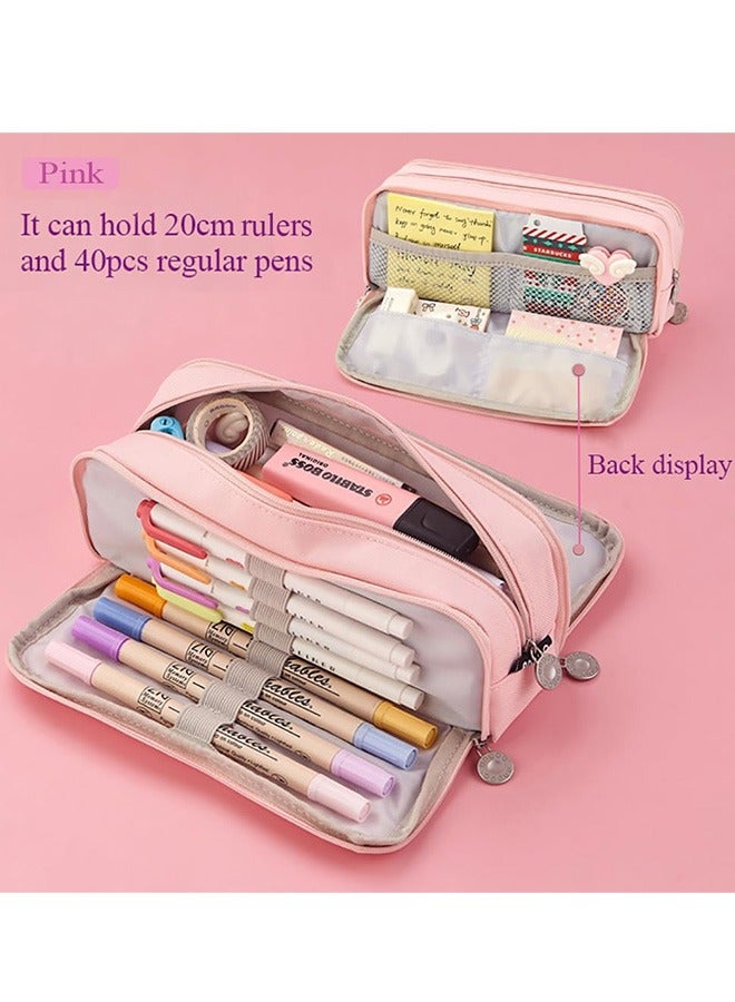 حالة قلم رصاص كبيرة السعة ، 3 مقصورات حقيبة قلم رصاص قماش مع سحاب ، حقيبة قلم رصاص جمالية حقيبة قلم رصاص لمكتب المدرسة طلاب الفتيات المراهقات الأولاد (الوردي) - Image 4