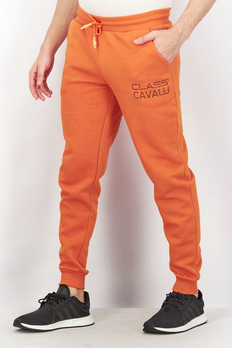 Cavalli Class Men Regular Fit Drawstring Brand Logo Sweatpants, Orange - Image 2