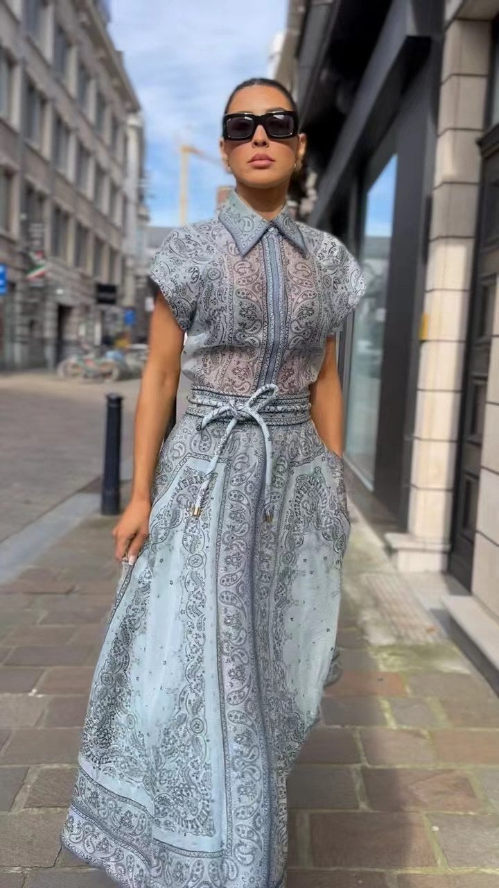 Autumn Winter Fashion Show Print High-End Shirt Top Belted Long Skirt Two-Piece Set Street Style V-Neck Short Sleeve Dress blue