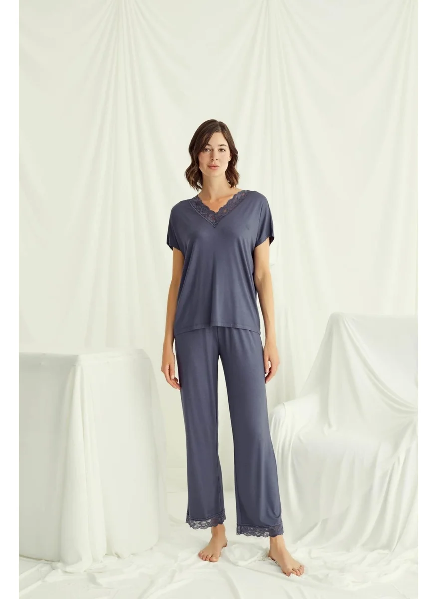 Monamise Women's V Neck Short Sleeve Pajama Set-Navy Blue