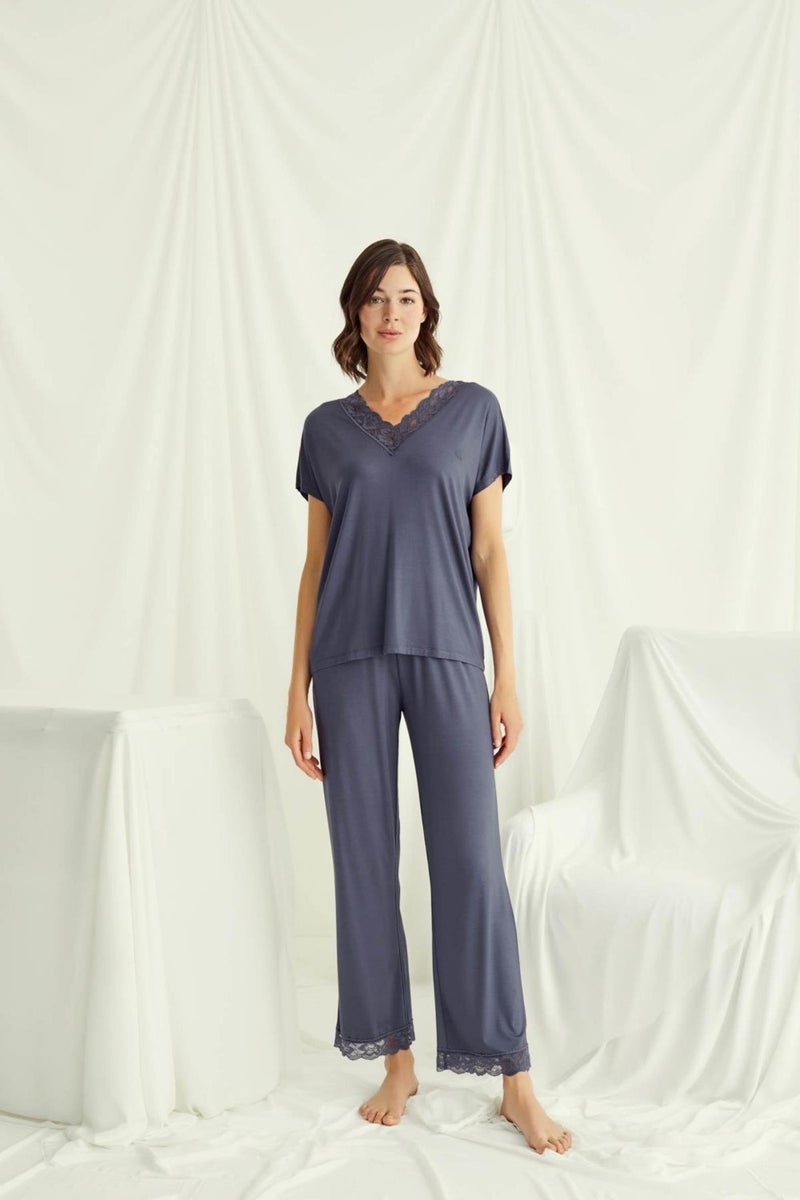 Monamise Women's V Neck Short Sleeve Pajama Set-Navy Blue