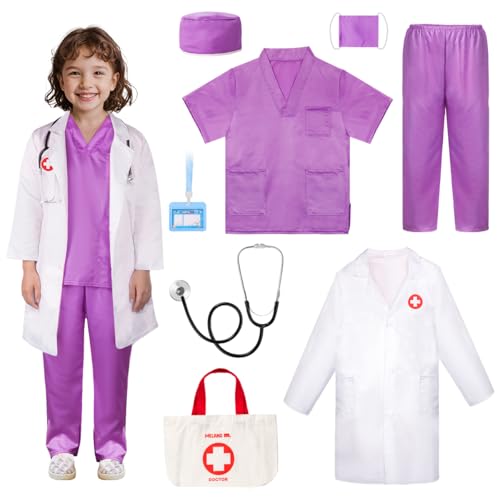 Meland Doctor Costume for Kids Kids Scrubs with Lab Coat Carry Bag Doctor Dress Up for Halloween Career Day Role PlayPurple56 Years - Image 1