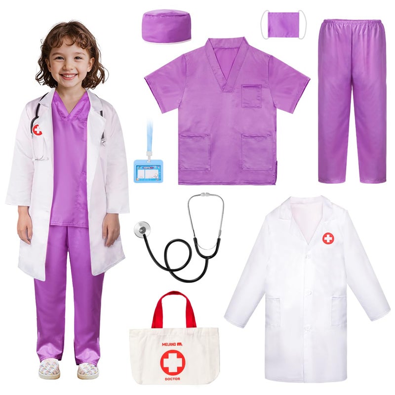 Meland Doctor Costume for Kids Kids Scrubs with Lab Coat Carry Bag Doctor Dress Up for Halloween Career Day Role PlayPurple56 Years - Image 2