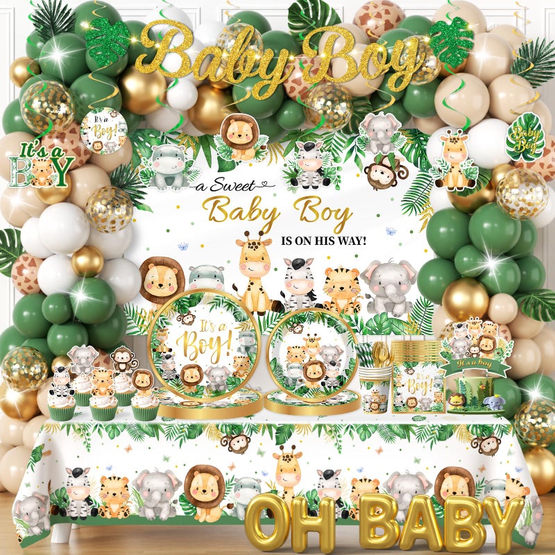 YGCTBVY Safari Baby Shower Decorations387pcs Jungle Baby Shower Decorations Sweet Boy Baby shower Theme Plates and Napkins Cups Tablecloth Backdrop Topper Balloons for Boy Wild Birthday Decorations - Image 2