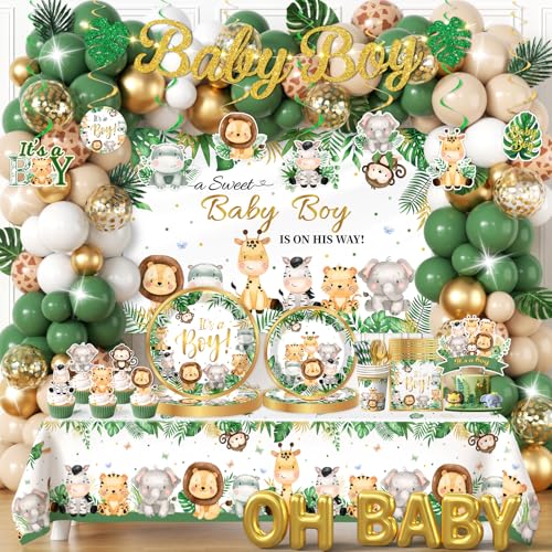 YGCTBVY Safari Baby Shower Decorations387pcs Jungle Baby Shower Decorations Sweet Boy Baby shower Theme Plates and Napkins Cups Tablecloth Backdrop Topper Balloons for Boy Wild Birthday Decorations - Image 1