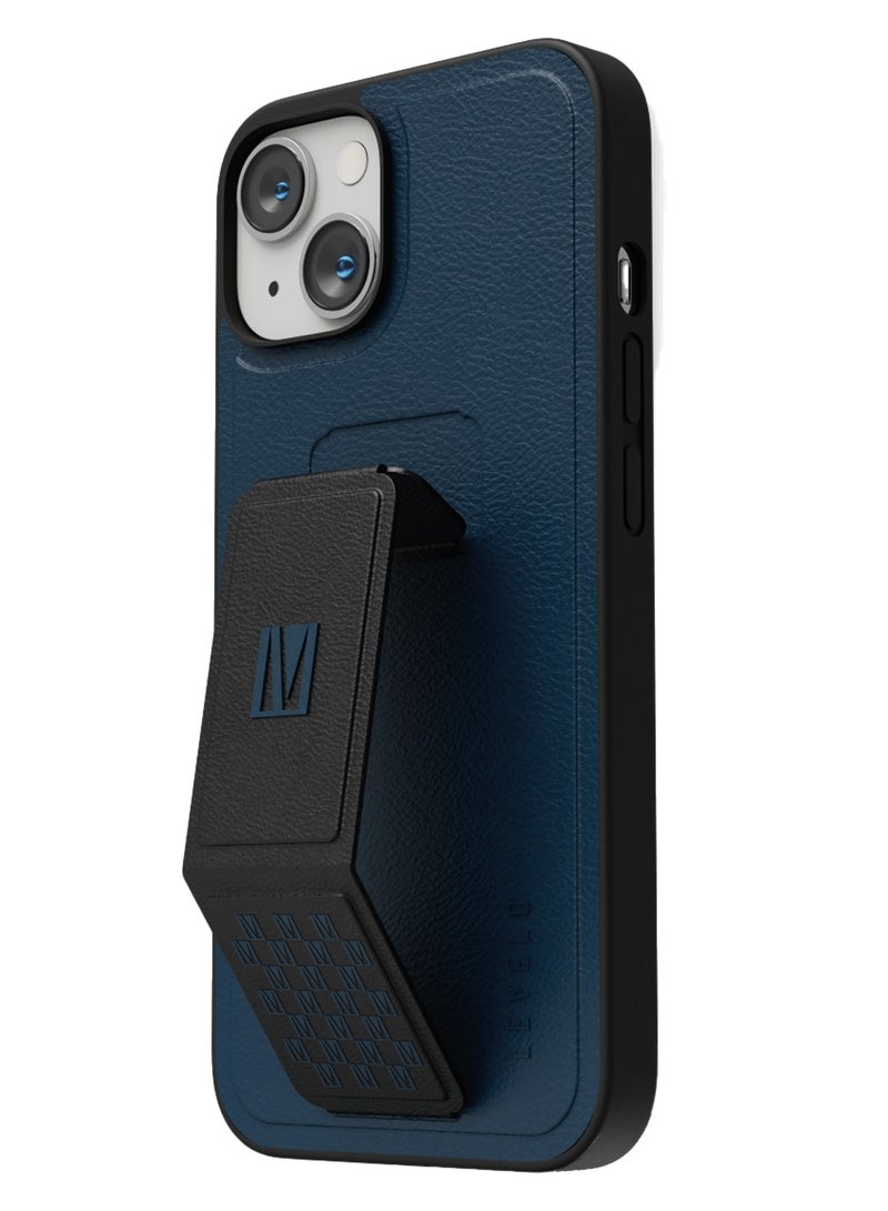 LEVELO iPhone 14 Case 6.1inch Morphix Grip stand PU Leather Back Cover / Easy Snap-On / Drop & Bumper Protection - Storm Blue - Image 1