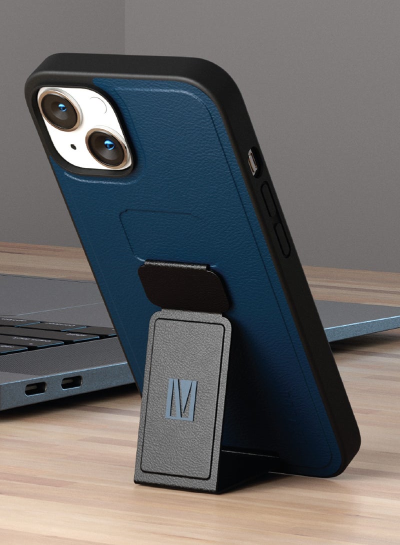 LEVELO iPhone 14 Case 6.1inch Morphix Grip stand PU Leather Back Cover / Easy Snap-On / Drop & Bumper Protection - Storm Blue - Image 2