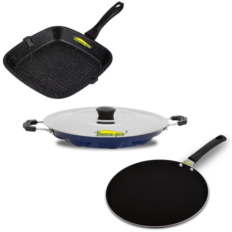 Home Pro Home-Pro - Grill Pan, Dosa Tawa Black & Appam Blue | Non Stick Combos | Pot Pan Set | Aluminium Set | Bakelite Handle | Combo Pack of 3 - Image 1