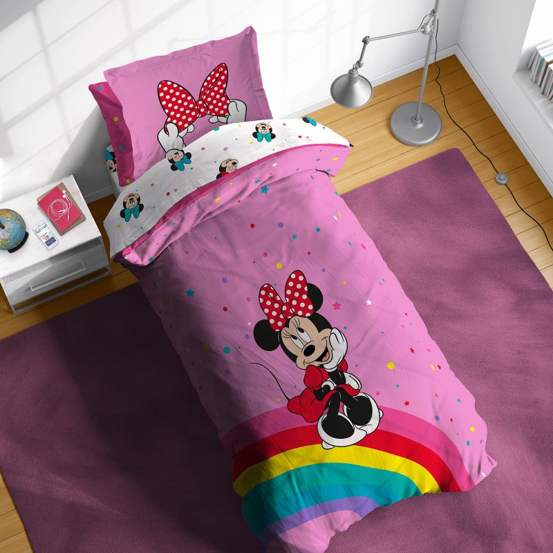 Sunny Side Up Disney Minnie Mouse Twin Comforter Set  5 Piece Kids Bedding Includes Comforter Sheets  Pillow Cover  Super Soft Rainbow Dots Microfiber Bed Set