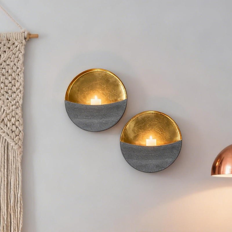 Batoslee Eclipse Candle Sconces Set of 2 - Modern Gray Metallic Wall Candle Holders with Gold Foil Interior, Christmas Wall Decor for Living Room, Bedroom, or Modern Farmhouse Decor - Image 1