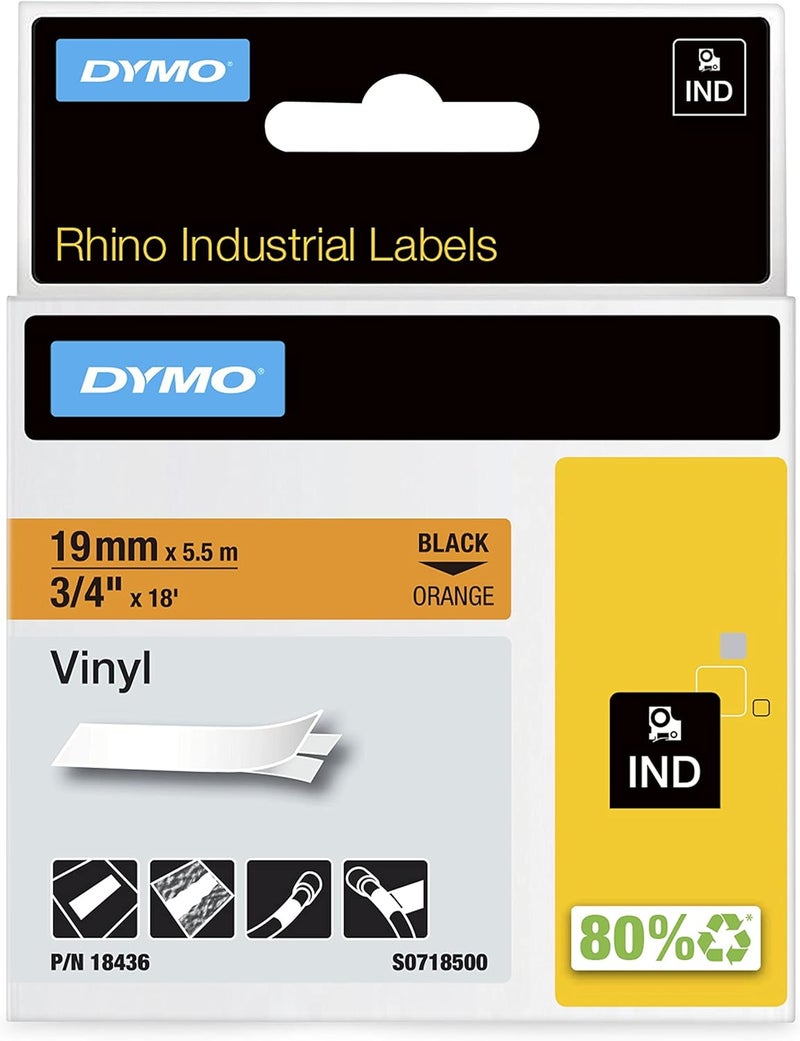Dymo Rhino Industrial Vinyl Labels 3/4" Black Print on Orange Tape - Image 1