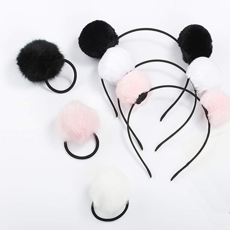 lasenersm Fluffy Furry PomBall Headbands and Elastic Hair Ties  6 Pieces 3 Pairs Fuzzy Faux Fur Animal Ear Headbands for Girls and Women