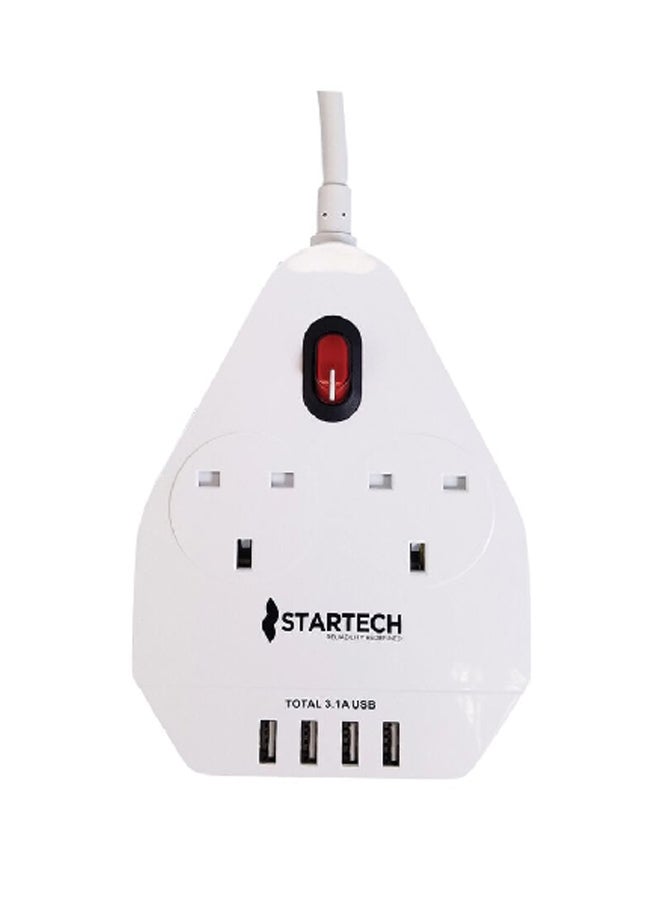 StarTech 2860W 13A 2-Way 4-USB Port Indoor Extension Cord White 30.226 x 7.112 x 33.274 cm TH-UK024U