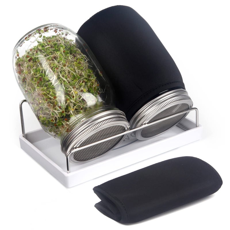 HASWE Sprouting Jar Kit - 2 Large Wide Mouth Mason Jars with 316 Stainless Steel Screen Sprout Lids, Blackout Sleeves, Tray, Stand | Seed Sprouter Set for Growing Broccoli, Alfalfa, Mung Bean (Black Cover)  - Image 1