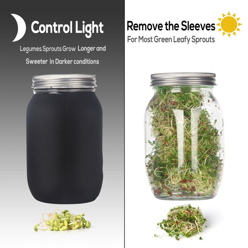 HASWE Sprouting Jar Kit - 2 Large Wide Mouth Mason Jars with 316 Stainless Steel Screen Sprout Lids, Blackout Sleeves, Tray, Stand | Seed Sprouter Set for Growing Broccoli, Alfalfa, Mung Bean (Black Cover)  - Image 2