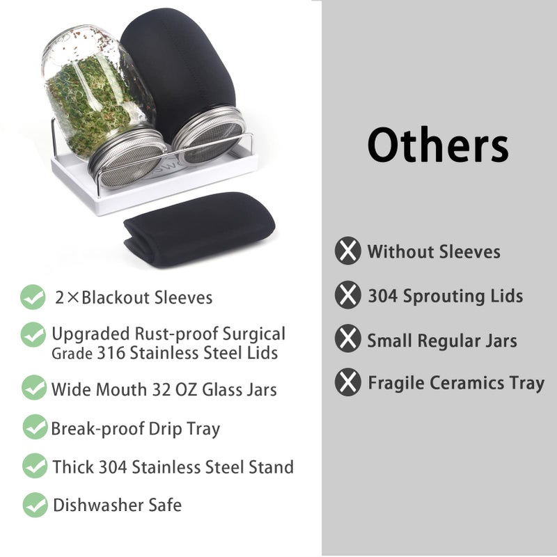 HASWE Sprouting Jar Kit - 2 Large Wide Mouth Mason Jars with 316 Stainless Steel Screen Sprout Lids, Blackout Sleeves, Tray, Stand | Seed Sprouter Set for Growing Broccoli, Alfalfa, Mung Bean (Black Cover)  - Image 3