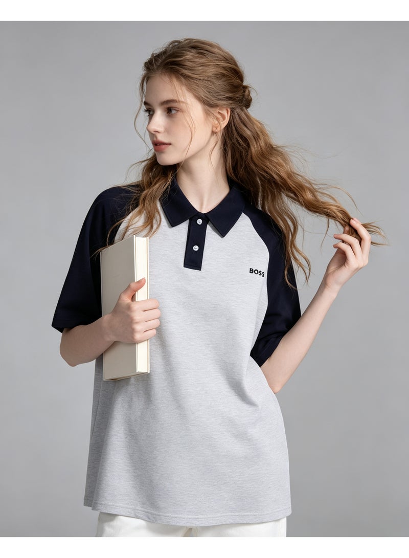 BOSS Unisex Raglan Short Sleeve Polo Shirt, Light Grey Navy Blue - Image 2