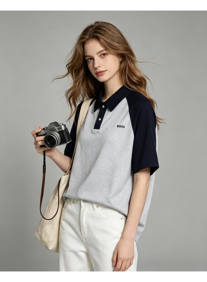 BOSS Unisex Raglan Short Sleeve Polo Shirt, Light Grey Navy Blue - Image 3