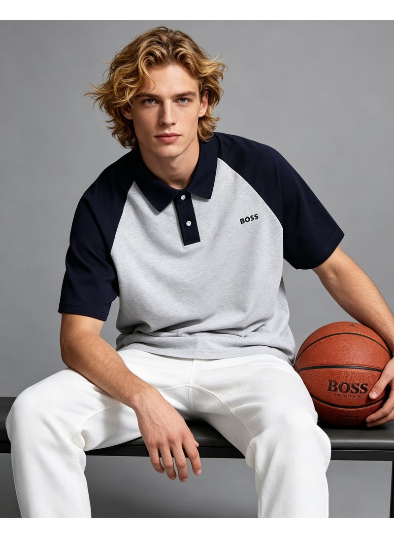 BOSS Unisex Raglan Short Sleeve Polo Shirt, Light Grey Navy Blue - Image 4