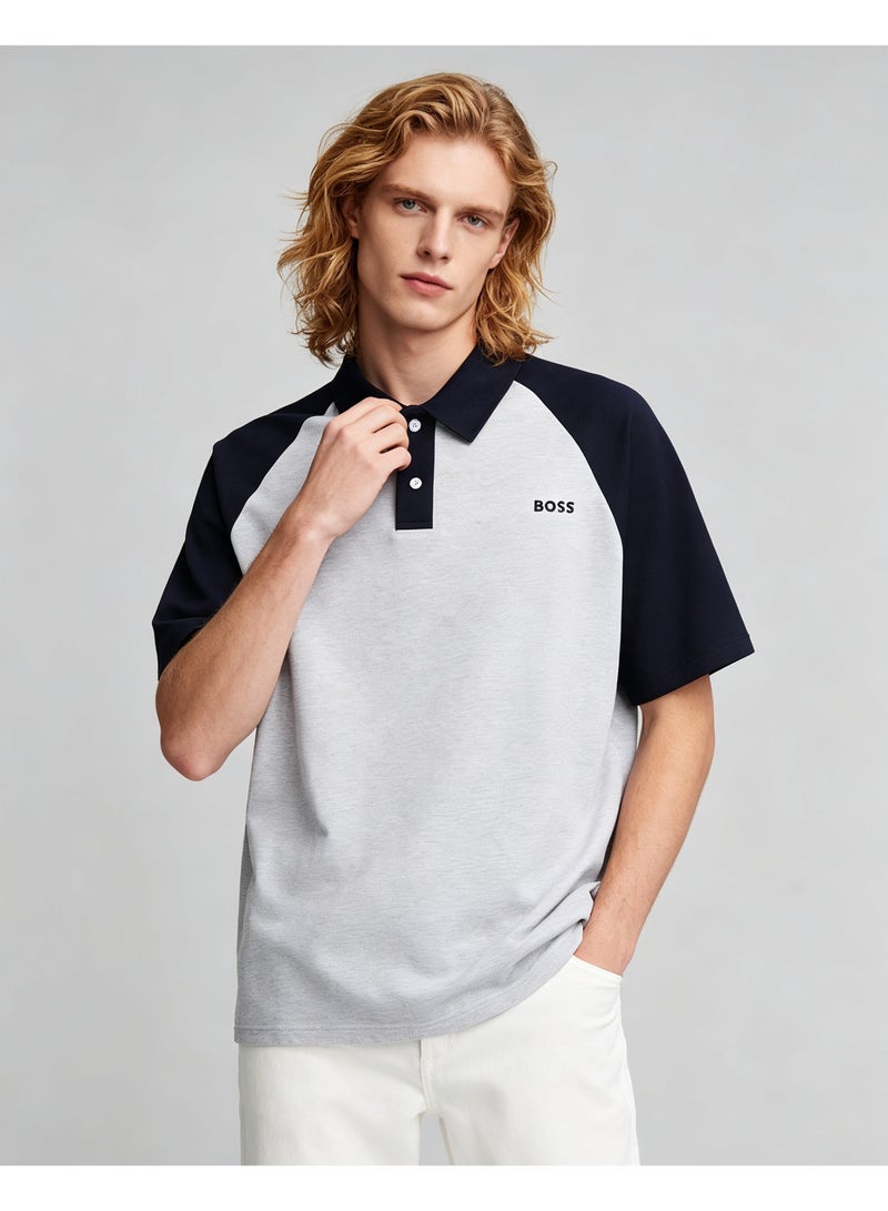 BOSS Unisex Raglan Short Sleeve Polo Shirt, Light Grey Navy Blue - Image 1