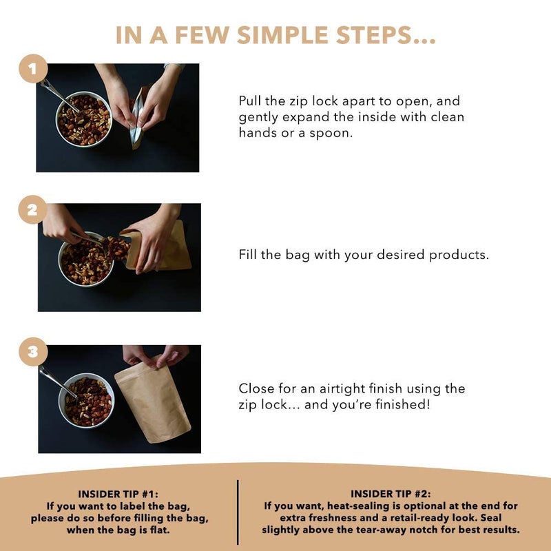 Deera DEERA Stand Up Ziplock Reusable Airtight Kraft Paper Storage Pouch Brown 200mmX300mmPack of 100  - Image 5