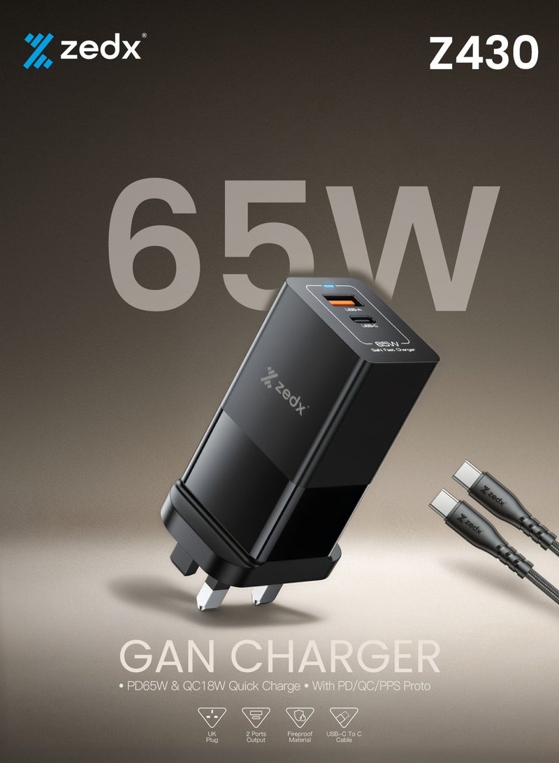 ZedX Z430 65W GaN Fast Charger – Dual Port USB-C & USB-A (UK Plug)