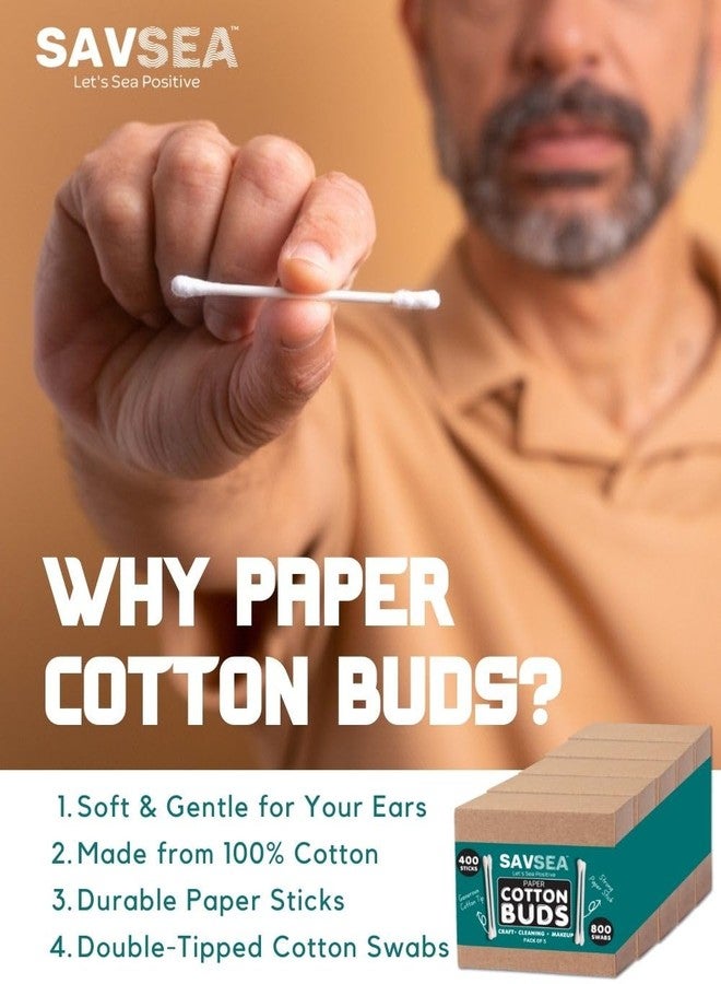 SavSea Paper Cotton earbuds/swabs | q tips | 400 Stems / 800 Swabs | Suitable for adult and baby | Multipurpose Double tip cotton swabs with sustainable paper stick better than wooden stick (Pack of 5) - Image 3