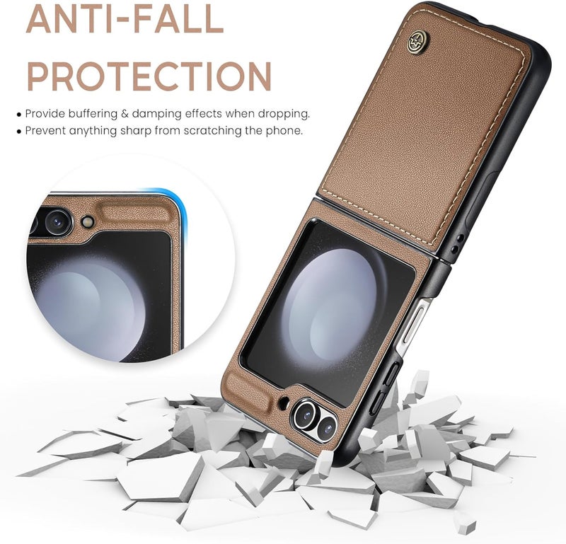 Rerzoiro Case for Samsung Galaxy Z Flip 5 Case, Case Premium PU Leather + Hard PC durable Ultra-thin Case Anti-Fingerprint Heavy Duty Rugged Protective Cover for Samsung Z Flip 5, Brown - Image 5