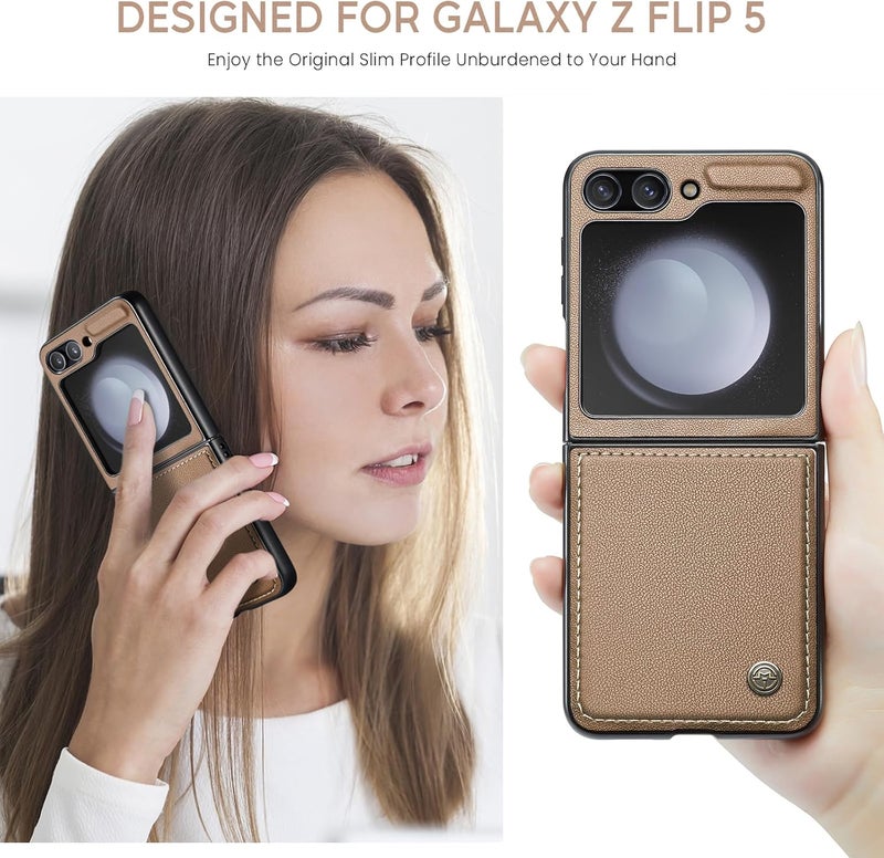Rerzoiro Case for Samsung Galaxy Z Flip 5 Case, Case Premium PU Leather + Hard PC durable Ultra-thin Case Anti-Fingerprint Heavy Duty Rugged Protective Cover for Samsung Z Flip 5, Brown - Image 2