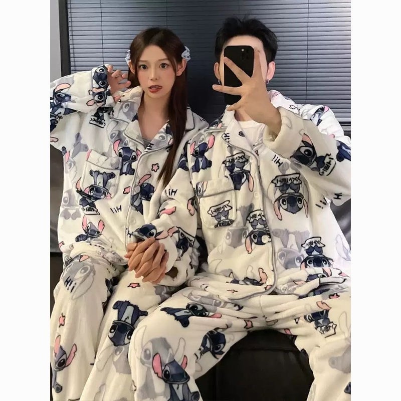 Couple Pajamas Women'S Winter Flannel Long Sleeve Men'S Explosive Fleece-Lined Thickened Coral Fleece Home Wear - Image 3