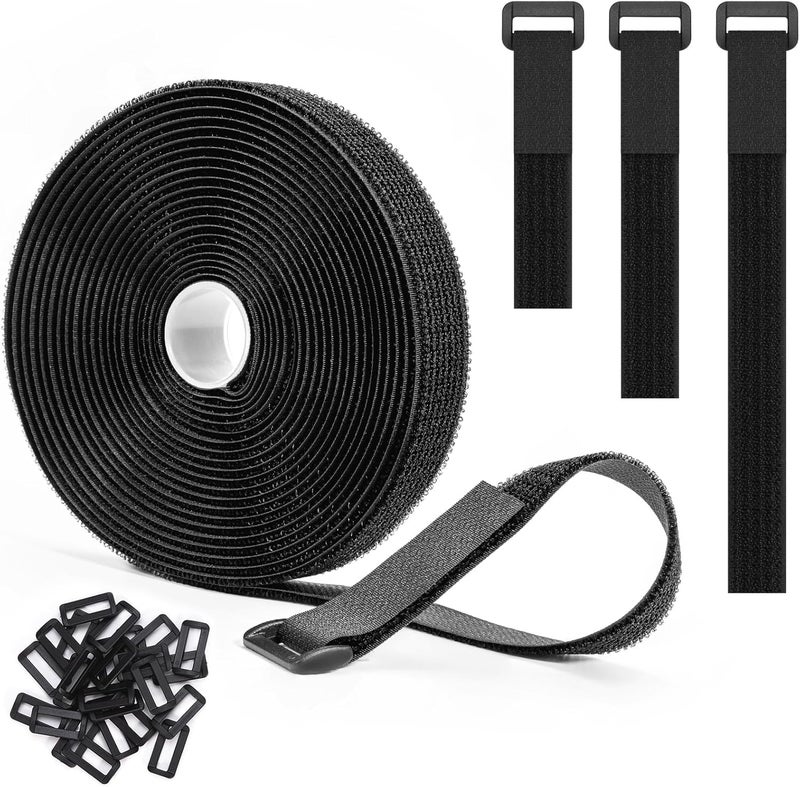 Trilancer 10M x 2.5CM Reusable Cable Ties, Adjustable Hook and Loop Straps with 50 Buckles, Cut to Length, Ideal for Wire Management, Cord Organizer, and Cable Straps, Black