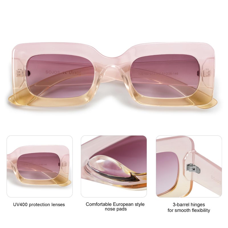 SOJOS Retro 90s Nude Rectangle Sunglasses Womens Mens Trendy Chunky Glasses Gradient Pink Frame Purple Lens - Image 3