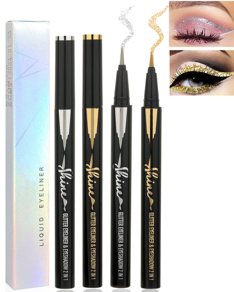 Lysdefeu Gold Silver Glitter Liquid Eyeliner Pencil 2 Pcs  Long Lasting Waterproof Smudgeproof Pigmented Shimmery Finish