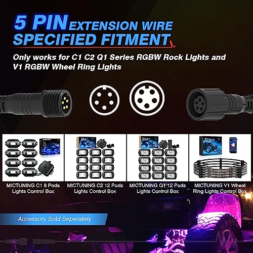 MICTUNING 10FT 5Pin Extension Wire Cable Cord for C1 C2 Q1 RGBW Series LED Rock Lights V1 Wheel Ring Lights (2 Pack) - Image 2