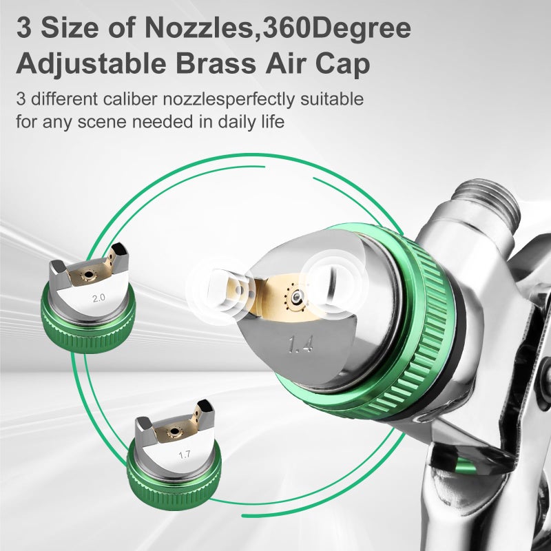 BENTOHKLE HVLP Spray Gun Kit with 1.4/1.7/2.0mm Nozzles, Professional Car Paint Spray Gun Wall Repair Furniture Refinishing Painting Gun, Gravity Feed Paint Sprayer Gun (Green) - Image 2