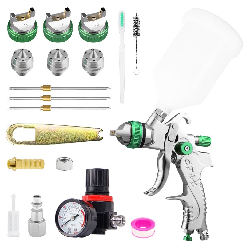 BENTOHKLE HVLP Spray Gun Kit with 1.4/1.7/2.0mm Nozzles, Professional Car Paint Spray Gun Wall Repair Furniture Refinishing Painting Gun, Gravity Feed Paint Sprayer Gun (Green) - Image 1