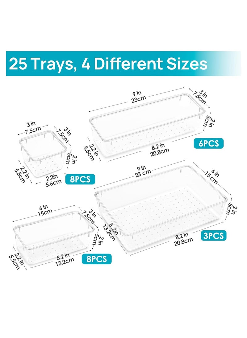 ZIMNEST - 25 PCS High-Clarity Thickened Plastic Drawer Organizers Set with Non-Slip Pads, 4-Size Versatile Storage Trays for Bathroom, Vanity, Makeup, Kitchen Utensils, Bedroom & Office Gadgets - Image 1