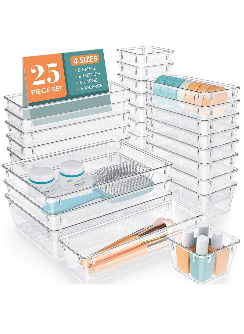 ZIMNEST - 25 PCS High-Clarity Thickened Plastic Drawer Organizers Set with Non-Slip Pads, 4-Size Versatile Storage Trays for Bathroom, Vanity, Makeup, Kitchen Utensils, Bedroom & Office Gadgets - Image 1