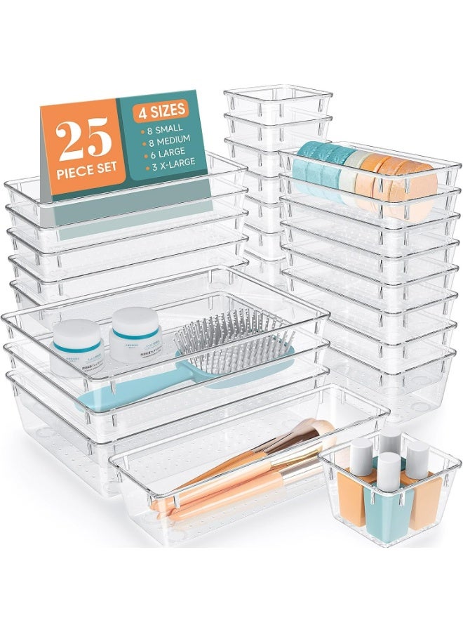 ZIMNEST 25 PCS High-Clarity Thickened Plastic Drawer Organizers Set with Non-Slip Pads, 4-Size Versatile Storage Trays for Bathroom, Vanity, Makeup, Kitchen Utensils, Bedroom & Office Gadgets  - Image 1
