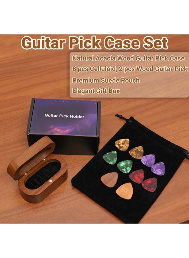 Onmiwod Guitar Pick Holder Set with 2 Color Wood Picks and 8 Celluloid Picks in 3 Thicknesses, Wooden Guitar Pick Case, Mini Jewelry Box, Guitar Music Accessories Gifts for Guitar Lover Player - Image 4