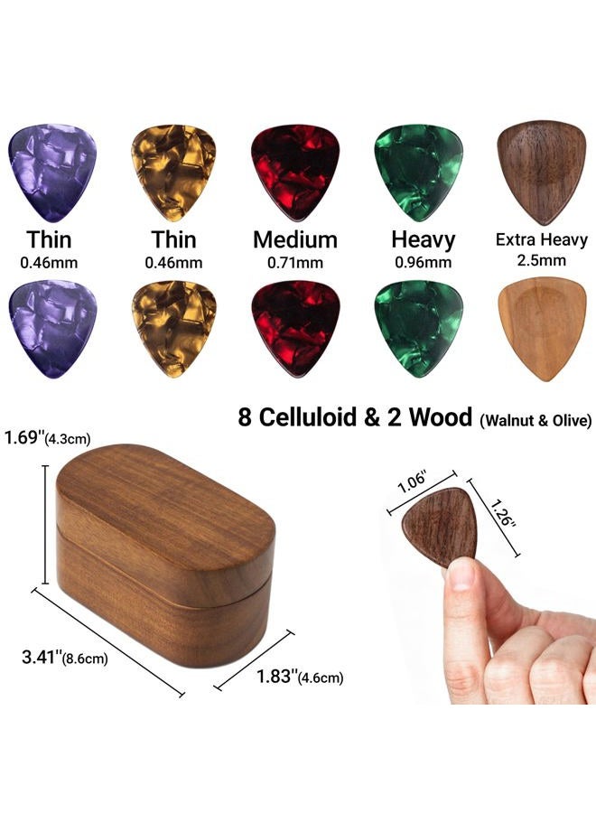 Onmiwod Guitar Pick Holder Set with 2 Color Wood Picks and 8 Celluloid Picks in 3 Thicknesses, Wooden Guitar Pick Case, Mini Jewelry Box, Guitar Music Accessories Gifts for Guitar Lover Player - Image 3