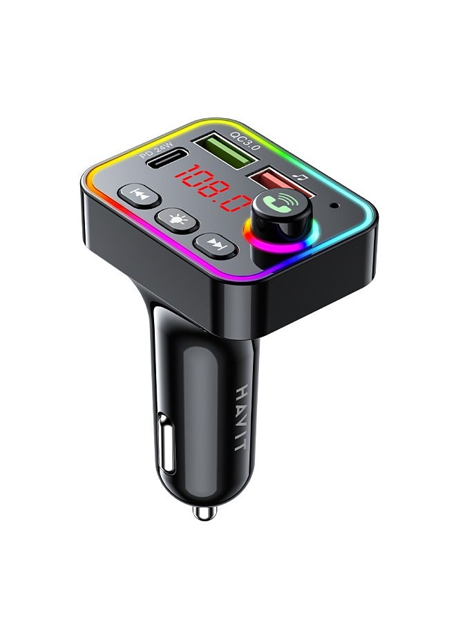 هافيت محول الراديو اللاسلكي للموسيقى اللاسلكي (PD24W) محول راديو لاسلكي للموسيقى بتقنية Bluetooth 5.3 FM للسيارة مع شاشة LED سريعة الشحن، يدعم الاتصال بدون استخدام اليدين محرك USB  - Image 1