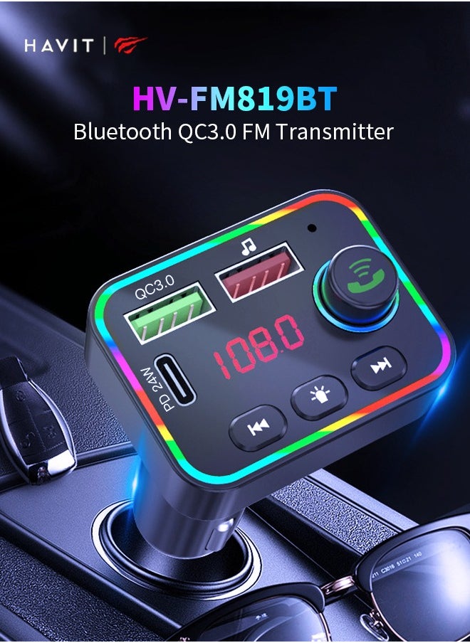هافيت محول الراديو اللاسلكي للموسيقى اللاسلكي (PD24W) محول راديو لاسلكي للموسيقى بتقنية Bluetooth 5.3 FM للسيارة مع شاشة LED سريعة الشحن، يدعم الاتصال بدون استخدام اليدين محرك USB  - Image 2
