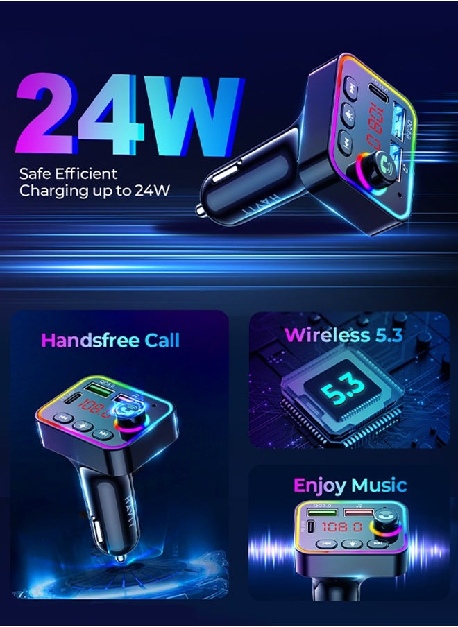 هافيت محول الراديو اللاسلكي للموسيقى اللاسلكي (PD24W) محول راديو لاسلكي للموسيقى بتقنية Bluetooth 5.3 FM للسيارة مع شاشة LED سريعة الشحن، يدعم الاتصال بدون استخدام اليدين محرك USB  - Image 3