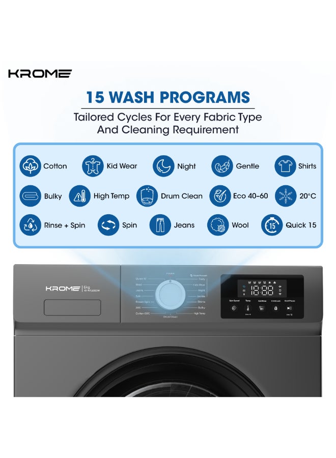 Krome | KR-WFL606SIW | 6kg Front Load Washing Machine with BLDC Inverter Motor | 1200 RPM | Class A Energy Efficient | 3D Steam & High Temperature Sterilization | 15 Wash Programs | Slim Design | Add Clothes | Child Lock 6 kg KR-WFL606SIW Dark Silver - Image 4
