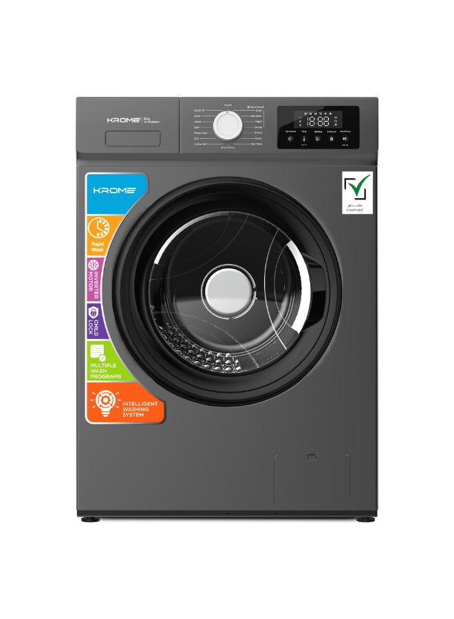 Krome | KR-WFL606SIW | 6kg Front Load Washing Machine with BLDC Inverter Motor | 1200 RPM | Class A Energy Efficient | 3D Steam & High Temperature Sterilization | 15 Wash Programs | Slim Design | Add Clothes | Child Lock 6 kg KR-WFL606SIW Dark Silver - Image 1