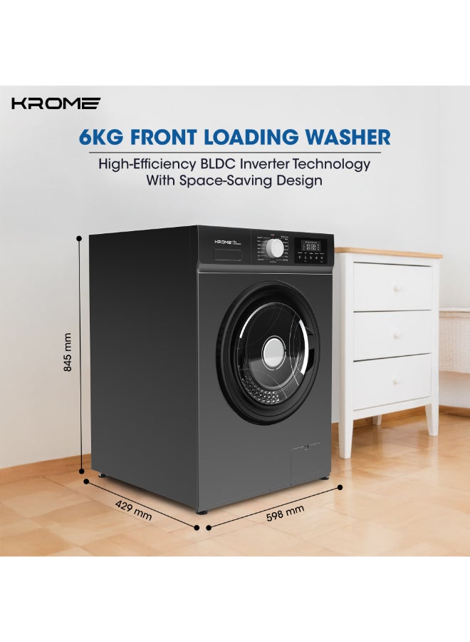 Krome | KR-WFL606SIW | 6kg Front Load Washing Machine with BLDC Inverter Motor | 1200 RPM | Class A Energy Efficient | 3D Steam & High Temperature Sterilization | 15 Wash Programs | Slim Design | Add Clothes | Child Lock 6 kg KR-WFL606SIW Dark Silver - Image 2