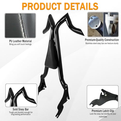 Fjpacemt Sissy Bar Backrest for Harley Davidson, 1 1/2" Bar Detachable Passenger Back Rest Rear Pad for Harley Touring Road Glide Street Glide Road King Ultra CVO Limited Electra Glide 2009-2024 - Image 3